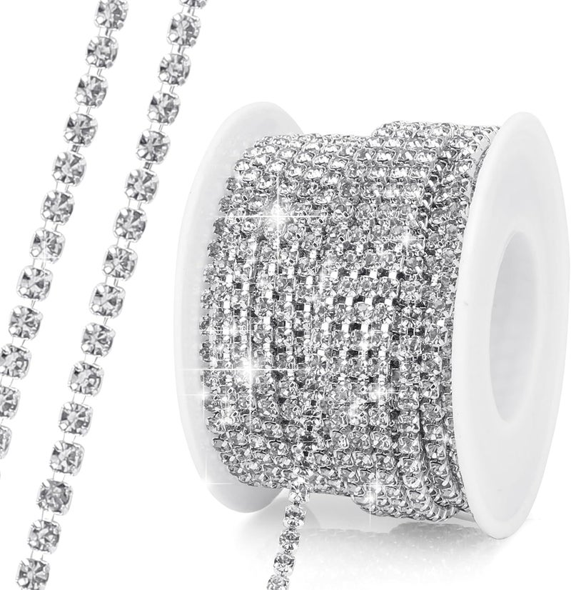 Slergut Rhinestone Chain, 10Yard 3mm Silver Rhinestone Trim, Diamond String Rhinestone Ribbon Strips Tape, Bling Crystal Rhinestone Close Chain Claw Cup Chain Trim for Sewing Craft DIY Clothes Shoes Jewelry - Image 1